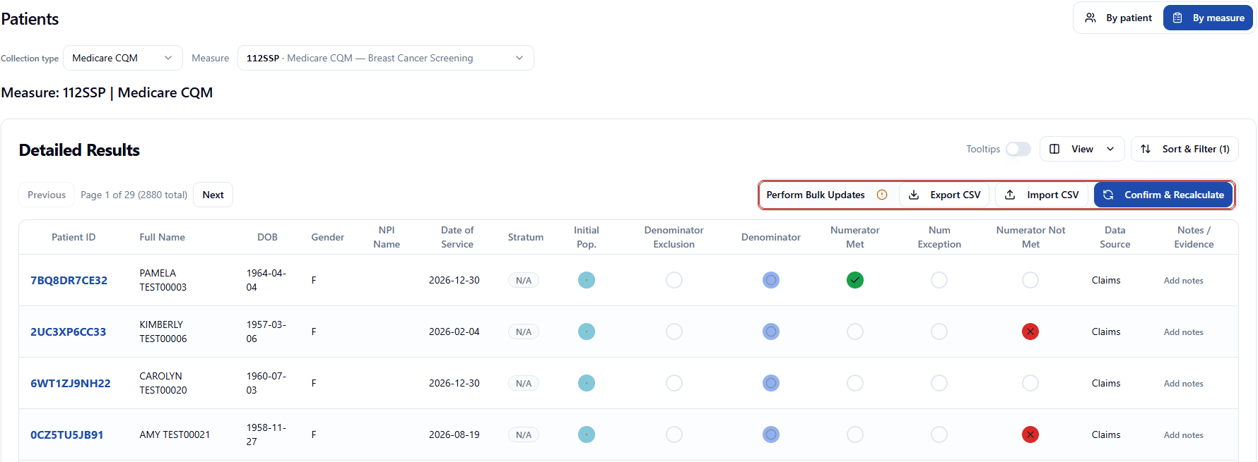 VBCA portal detailed results for a measure, listing demo patients with denominator and numerator status