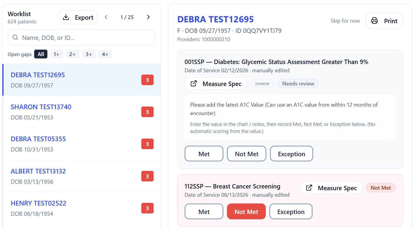 VBCA portal patient worklist showing a demo patient's open measures with Met, Not Met, and Exception buttons
